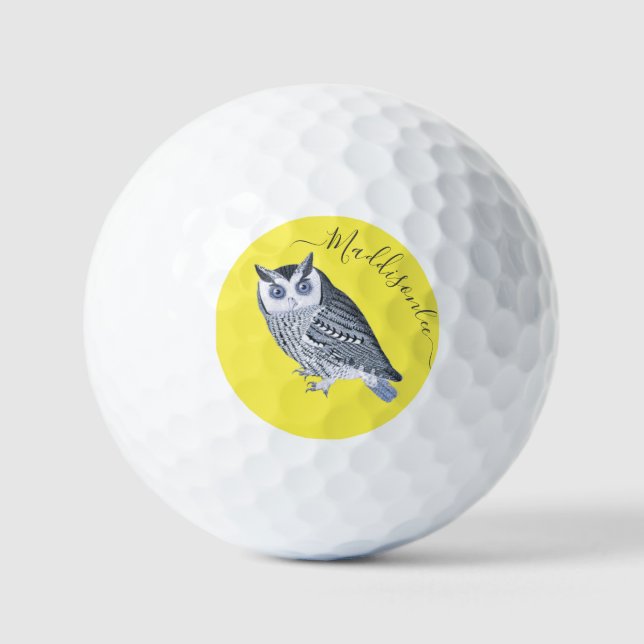 Rustic Gray Blue Owl Yellow Monogram Name Golf Balls (Front)