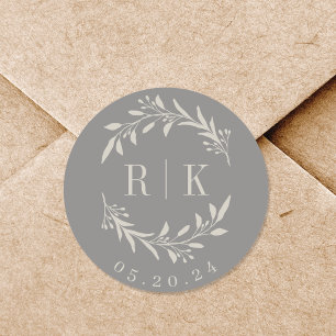 Rustic Gray Botanical Wreath Wedding Monogram Classic Round Sticker