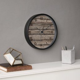 Rustic Gray Brown Old Weathered Wood Plank Pattern Clock