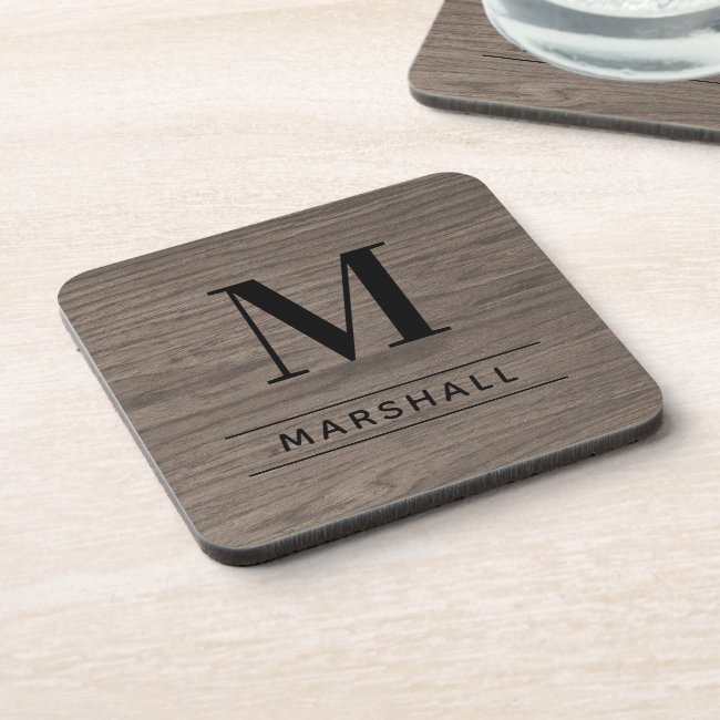 Rustic Gray Brown Wood Custom Monogram Initial Beverage Coaster