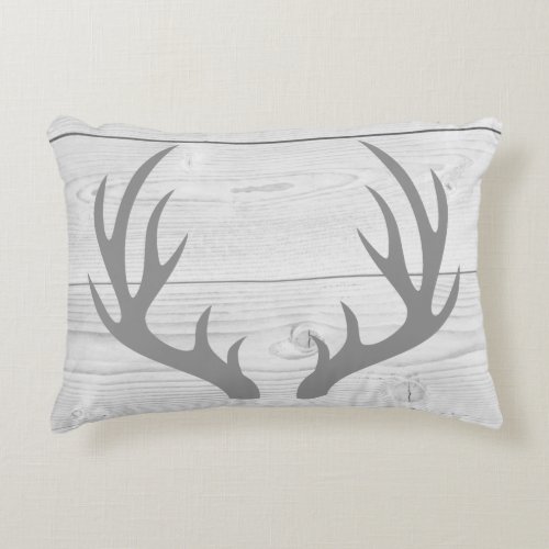Rustic Gray Buck Antlers Silhouette  White Wood Accent Pillow