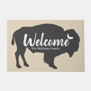 Rustic Gray Buffalo Bison & Family Name Welcome Doormat by GrudaHomeDecor at Zazzle