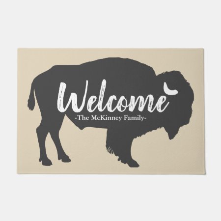 Rustic Gray Buffalo Bison & Family Name Welcome Doormat