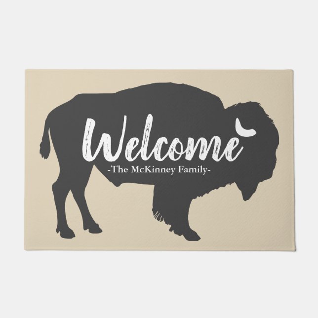Rustic Gray Buffalo Bison & Family Name Welcome Doormat (Front)