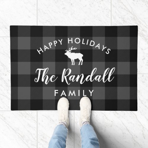 Rustic Gray Buffalo Check Personalized Holiday Doormat