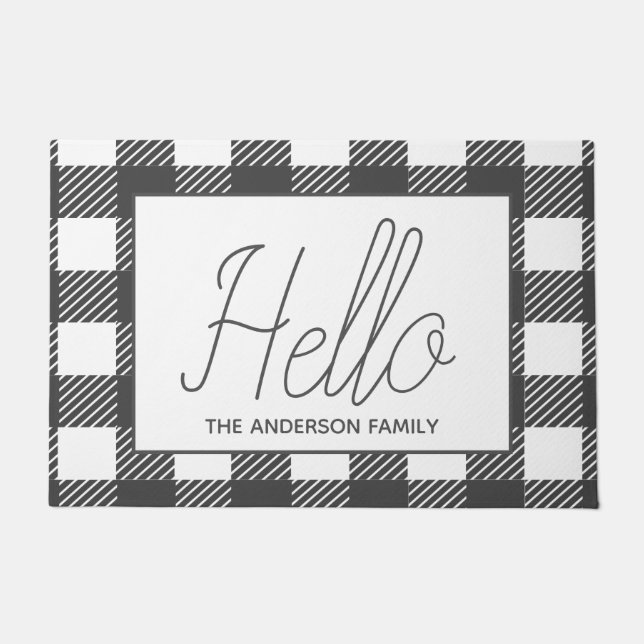 Rustic Gray Buffalo Check Plaid Hello Doormat (Front)