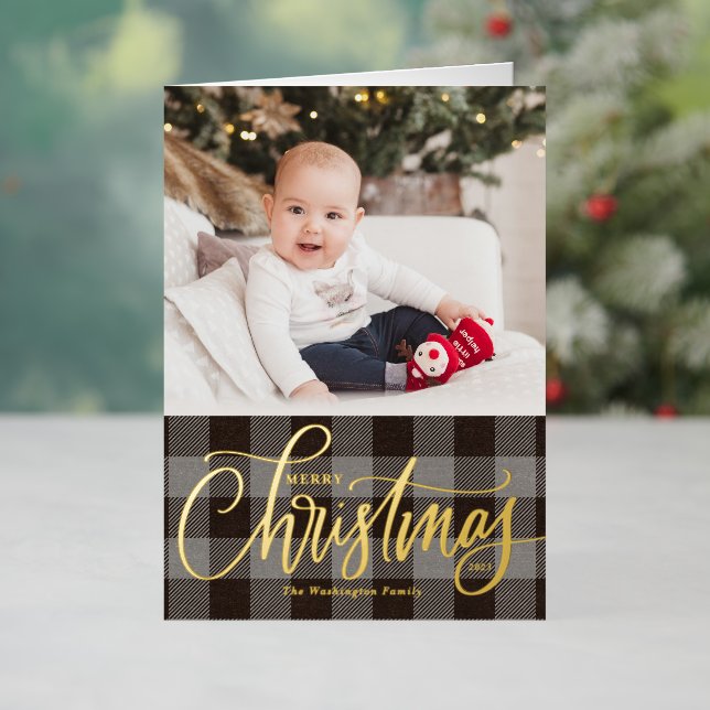 Rustic Gray Buffalo Plaid Merry Christmas Photo Foil Holiday Card (Holiday In Situ)
