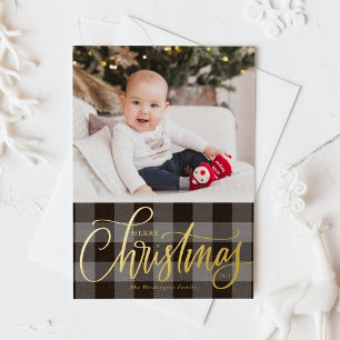 Rustic Gray Buffalo Plaid Merry Christmas Photo Foil Holiday Card