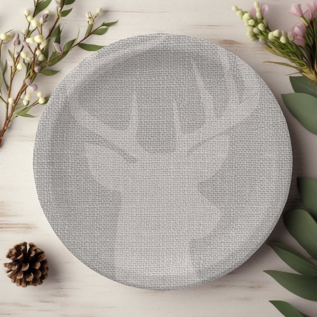 Rustic Gray Burlap Deer Buck Paper Plates (Creator Uploaded)