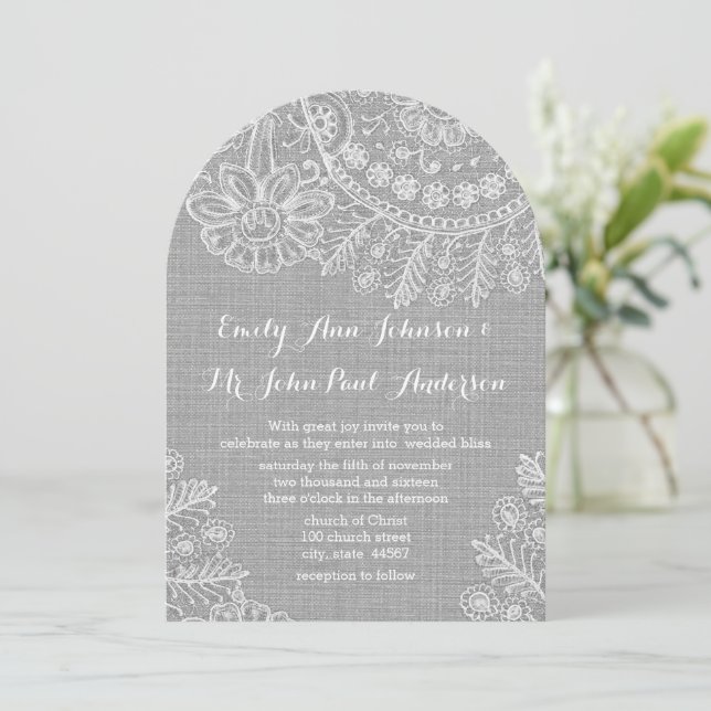 Rustic Gray Burlap Lace Wedding Invitations (Standing Front)