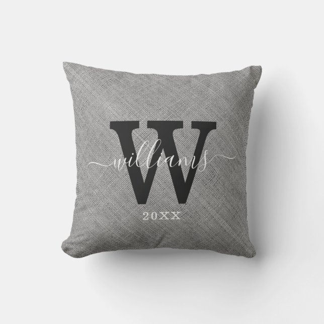 Rustic Gray Burlap Script Name Family Monogram   Outdoor Pillow (Front)