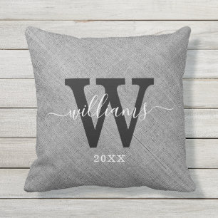 Rustic Gray Burlap Script Name Family Monogram Outdoor Pillow