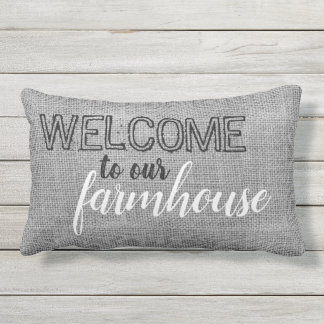 Rustic Gray Burlap Welcome To Our Farmhouse Lumbar Pillow