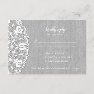 Rustic Gray Canvas + White Lace wedding RSVP Card