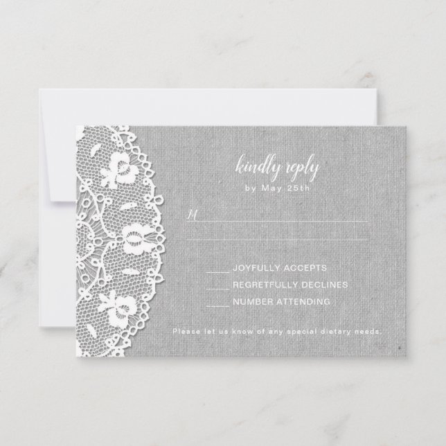 Rustic Gray Canvas + White Lace wedding RSVP Card (Front)