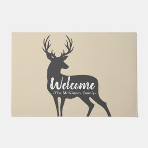Rustic Gray Deer Silhouette & Family Name Welcome Doormat