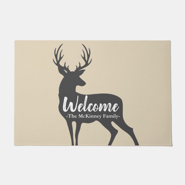 Rustic Gray Deer Silhouette & Family Name Welcome Doormat (Front)