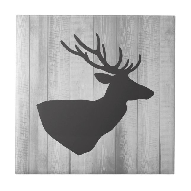 Rustic Gray Deer Silhouette & Gray Barn Wood Ceramic Tile (Front)