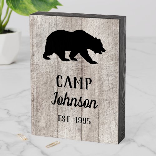 Rustic Gray Family Camp With Black Bear Wooden Box Sign