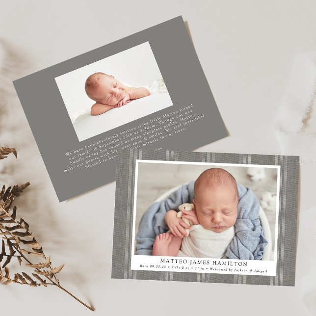 Rustic Gray Farmhouse Linen Stripes Photo Birth Announcement (Creator Uploaded)