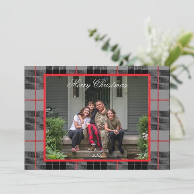 Rustic Gray Flannel Plaid Christmas Photo  Holiday Card (Standing Front)