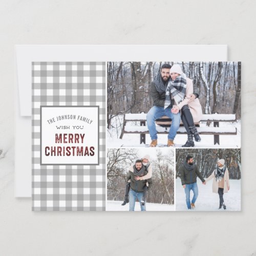Rustic Gray Gingham Merry Christmas Holiday Card