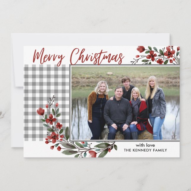 Rustic Gray Gingham Plaid Merry Christmas Photo  Holiday Card (Front)