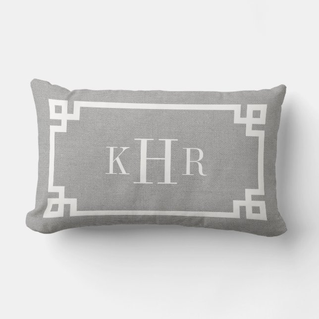 Rustic Gray Greek Key Border Custom Monogram Outdoor Pillow (Front)