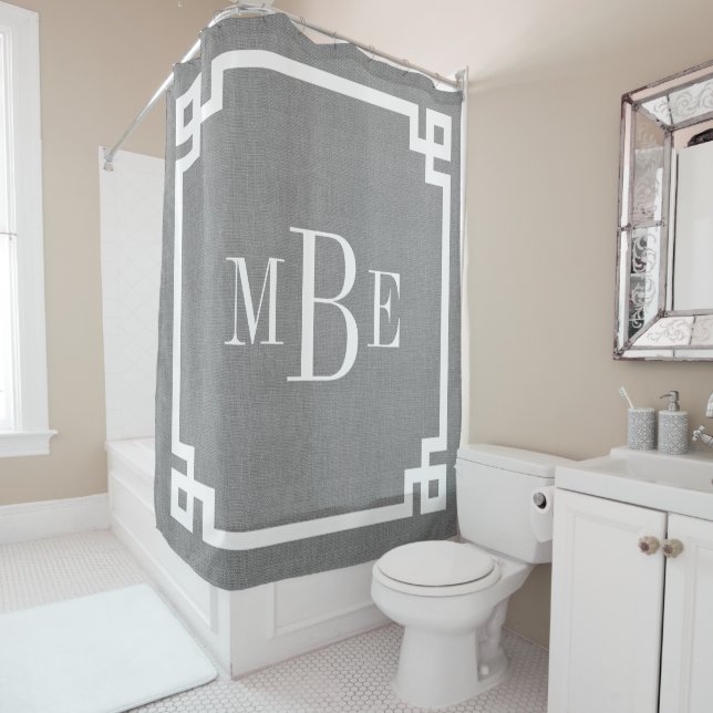 Rustic Gray Greek Key Border Monogram | Farmhouse Shower Curtain (In Situ)
