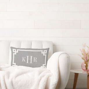 Rustic Gray Greek Key Border Monogrammed Lumbar Pillow