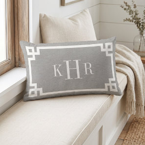 Rustic Gray Greek Key Border Monogrammed Lumbar Pillow