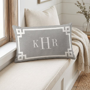 Rustic Gray Greek Key Border Monogrammed Lumbar Pillow