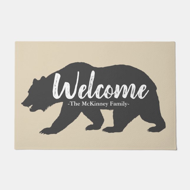 Rustic Gray Grizzly Bear & Family Name Welcome Doormat (Front)