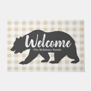 Rustic Gray Grizzly Bear & Plaid Family Name Doormat
