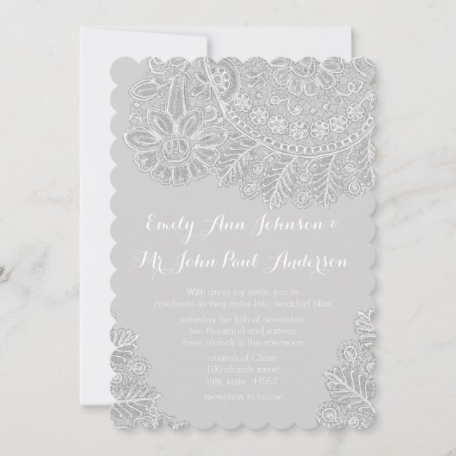 Rustic Gray Heirloom Lace Wedding Invitations (Front)