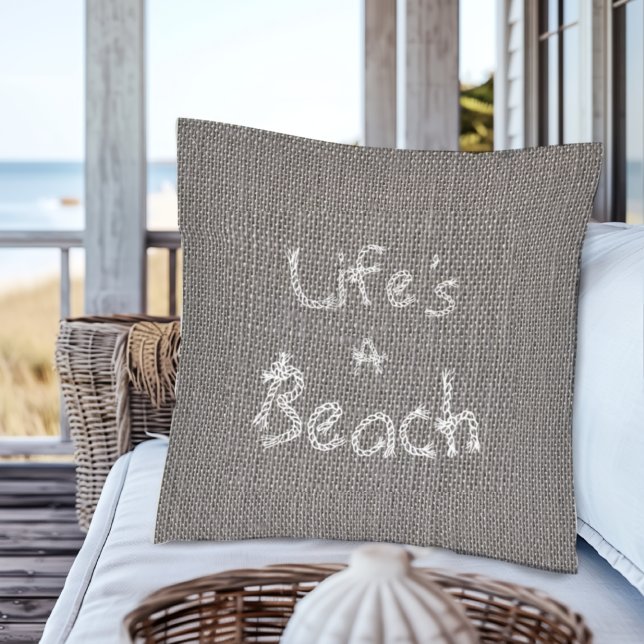 Rustic Gray Life’s a Beach Nautical Rope  Throw Pillow (Creator Uploaded)