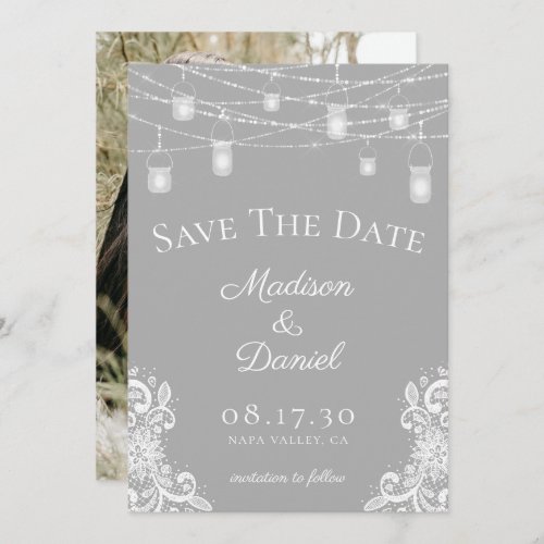 Rustic Gray Lights Photo Wedding Save The Date