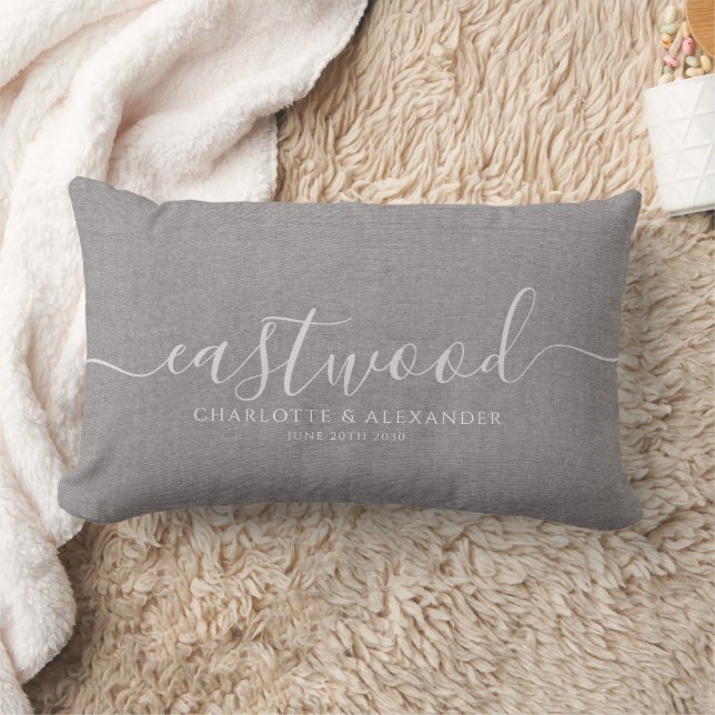 Rustic Gray Linen Effect White Script Name Lumbar Pillow (Blanket)