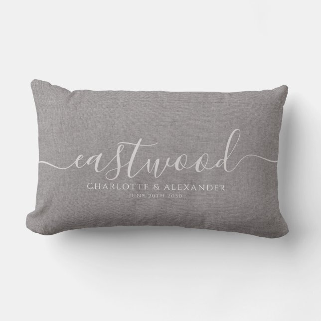 Rustic Gray Linen Effect White Script Name Lumbar Pillow (Front)