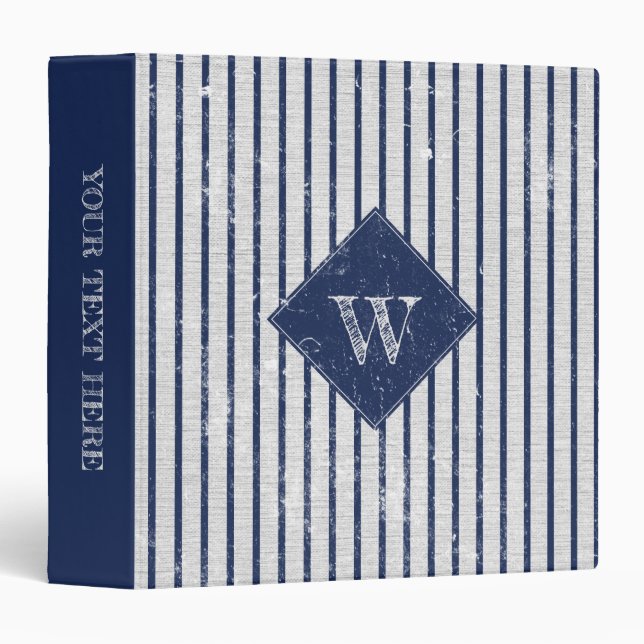 Rustic Gray Linen & Navy Blue Stripes Monogram   3 Ring Binder (Front/Spine)