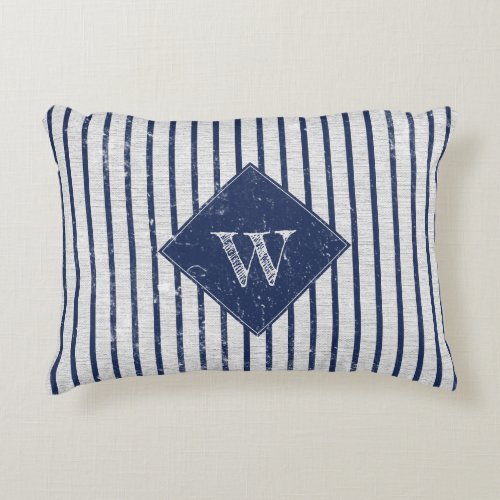 Rustic Gray Linen  Navy Blue Stripes Monogram  Accent Pillow