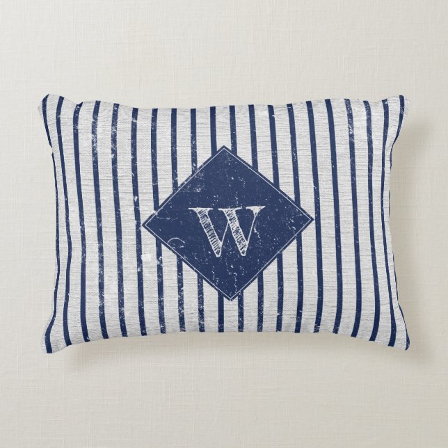 Rustic Gray Linen & Navy Blue Stripes Monogram  Accent Pillow (Front)