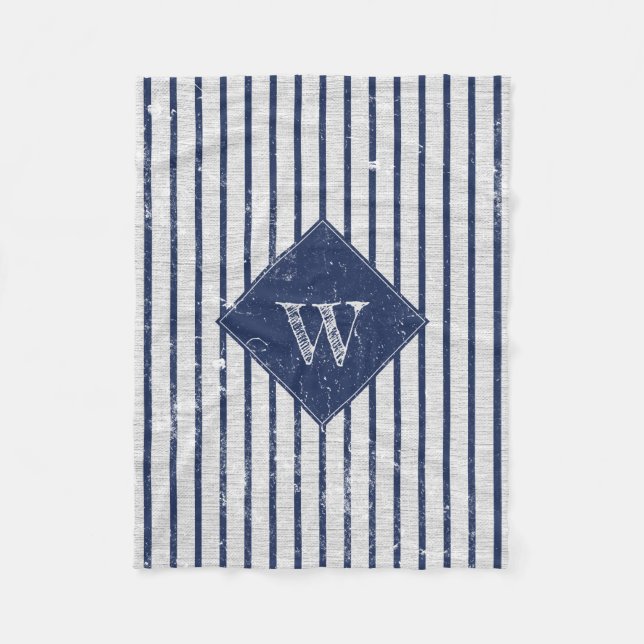 Rustic Gray Linen & Navy Blue Stripes Monogram  Fleece Blanket (Front)