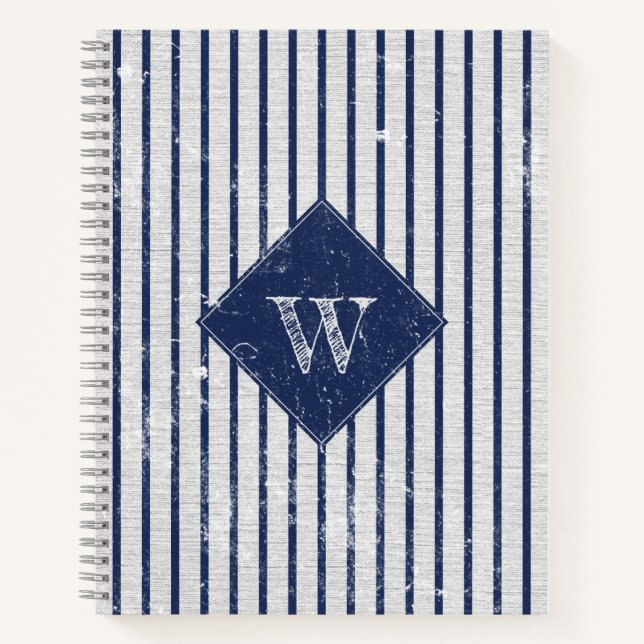 Rustic Gray Linen & Navy Blue Stripes Monogram  Notebook (Front)