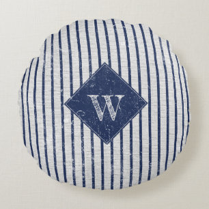 Rustic Gray Linen & Navy Blue Stripes Monogram Round Pillow