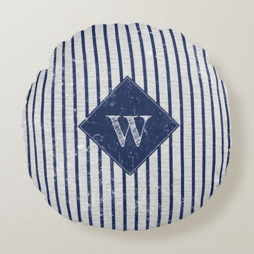 Rustic Gray Linen  Navy Blue Stripes Monogram Round Pillow