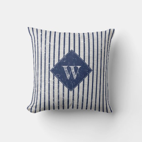 Rustic Gray Linen  Navy Blue Stripes Monogram Throw Pillow