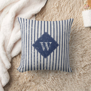 Rustic Gray Linen & Navy Blue Stripes Monogram Throw Pillow