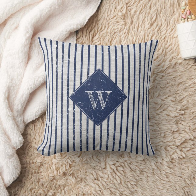 Rustic Gray Linen & Navy Blue Stripes Monogram Throw Pillow (Blanket)