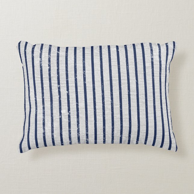 Rustic Gray Linen & Navy Blue Stripes Pattern Accent Pillow (Front)